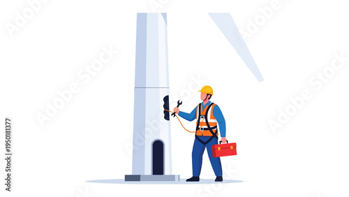 Wind Turbine Technician: A skilled technician, equipped with a toolbox, meticulously inspects and maintains a wind turbine.