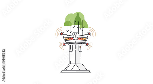 a colorful illustration of a tree on a podium with vibrant flowers.