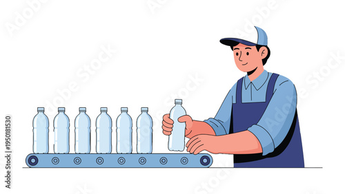 Bottling Process in Action: An illustration of a factory worker managing bottles on a production line. The focus is on the efficient automation and the worker's role in the manufacturing process.