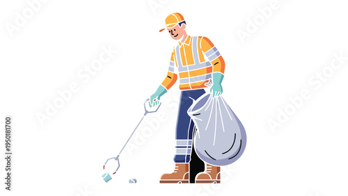 Community Cleaner at Work: An essential worker meticulously picks up trash, embodying the spirit of community cleanliness and environmental responsibility.
