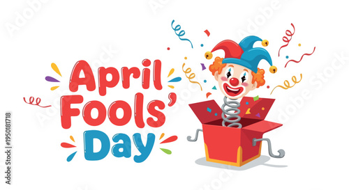 Colorful illustration of a clown emerging from a red box on April Fools' Day with confetti and streamers in a playful and festive atmosphere.