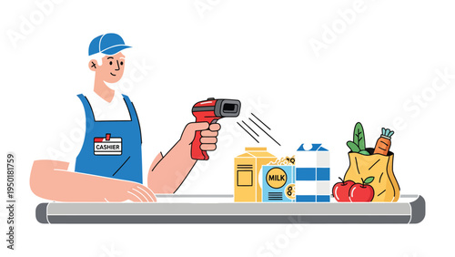 Scanning Groceries at the Checkout: A grocery store clerk efficiently scans items at the checkout counter, readying a customer's order and showcasing modern retail operations. 