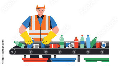 Eco-Conscious Sorting: A dedicated worker meticulously sorts waste on a conveyor belt, showcasing commitment to environmental sustainability and responsible recycling practices.