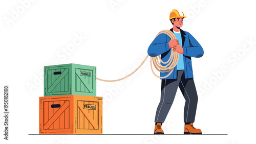 Moving with Precision: A diligent construction worker employs a rope to efficiently move wooden crates, exemplifying precision and skill in his trade.