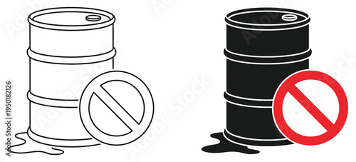 Toxic, waste prohibition icon set with leaking chemical barrel, outline and solid black symbols, representing chemical hazard, environmental safety, and restricted materials, clean modern flat vector 