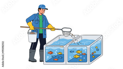 Aquarium Maintenance: A diligent worker, meticulously attends to the fish tanks, using a net and bucket to ensure the marine inhabitants' health and well-being.