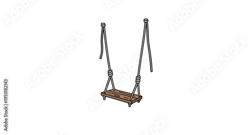 A wooden swing hanging from ropes.