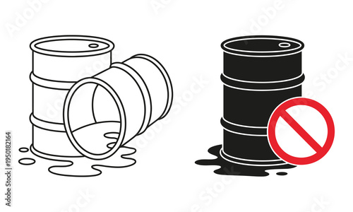 Toxic, waste ban icons featuring chemical barrel leaking with prohibition sign, outline and solid black styles, hazard and safety restriction concept, modern flat vector illustration