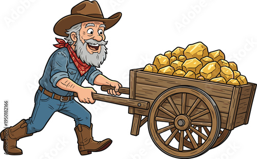 Happy elderly gold miner pushing wooden cart full of gold nuggets, cartoon western prospector character, vintage mining illustration isolated background