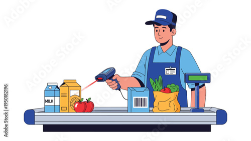 Grocery Scanner: The image shows a store employee using a scanner, efficiently scanning a collection of grocery items on a checkout counter.