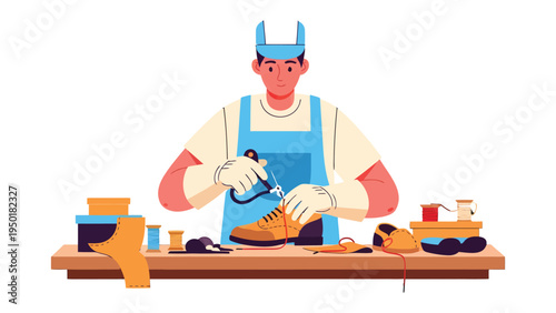 Crafting Footwear: A craftsman, engrossed in the meticulous art of shoe repair, meticulously works on a tan leather shoe.