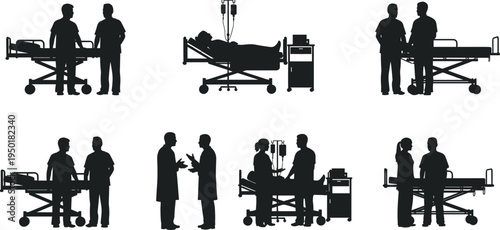 Hospital doctors and nurses with patient on stretcher and bed, medical healthcare silhouette collection vector illustration isolated background