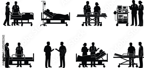Hospital medical team treating patient on stretcher and bed, healthcare workers silhouette set with equipment vector illustration isolated background