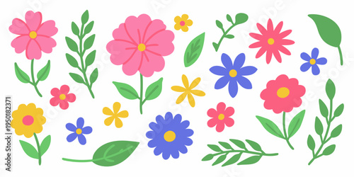 Colorful cartoon flowers and leaves arranged on a white background