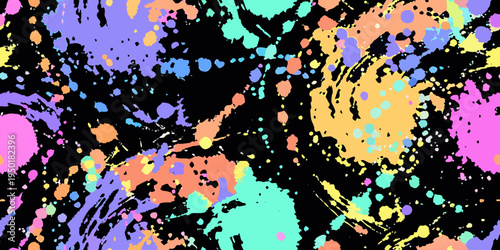 Colorful splatter paint abstract background with vibrant hues and black spaces