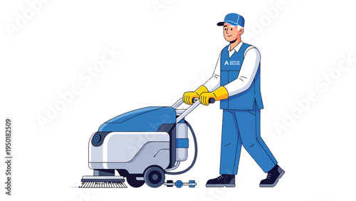 Cleanliness Champion: A dedicated cleaner operates an industrial floor cleaner, showcasing efficiency and professionalism in maintaining pristine conditions.