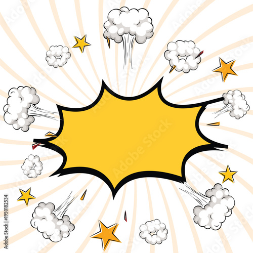 Surprising boom cloud with stars and lightnings in halftone background for sales and promotions. Banner template for surprises and bursting events. Vector illustration in pop art style