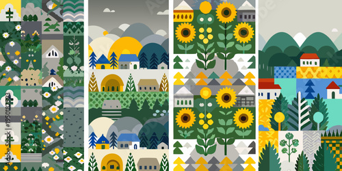 A colorful illustrated triptych featuring stylized landscapes and floral motifs