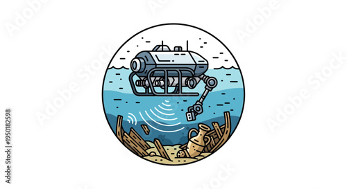 An illustration of a submarine exploring ocean floor with seaweed.