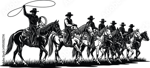 Wild west cowboys riding horses with lasso, vintage western ranch riders silhouette vector illustration isolated on white background