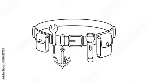 Utility Belt with Tools Continuous Single Line Minimalist Gadget Hero Line Art Illustration