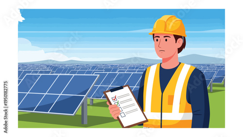 Solar Engineer inspection in Renewable Energy site: An engineer surveys a renewable energy site with solar panels.
