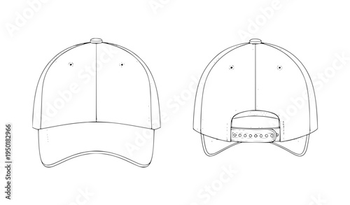 Baseball cap technical fashion sketch front and side view vector template