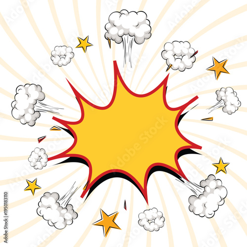 Surprising boom cloud with stars and lightnings in halftone background for sales and promotions. Banner template for surprises and bursting events. Vector illustration in pop art style