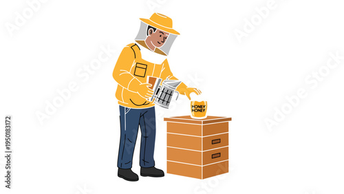 Beekeeper at Work: A beekeeper meticulously tends to the honeycomb, dressed in protective gear, ensuring the well-being of the hive and the production of delicious honey.