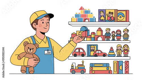 Toy Shop Assistant: A cheerful employee, adorned in a cap and apron, meticulously organizes toys on shelves within a bright, inviting shop setting.