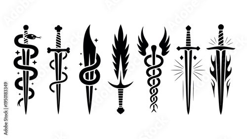 Fantasy sword tattoo set with dragon wings snake silhouette linocut style vector illustration black design