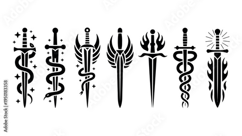 Mystic medieval sword and magic blade icons with fairy tale elements in tattoo style vector collection