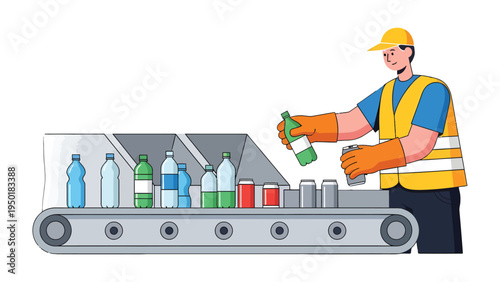 Sorting for Sustainability: A worker diligently sorts recyclable items on a conveyor belt, showcasing commitment to environmental conservation through waste management.