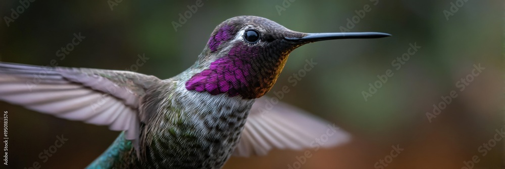 Fototapeta premium Rufous hummingbird male closeup portrait vibrant gorget iridescent wings hovering profile