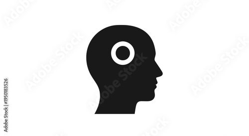 A black silhouette of a human head with a white and black circle inside.