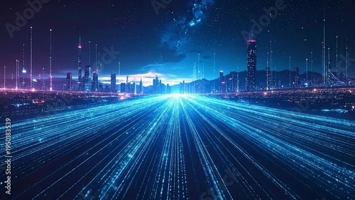 Digital Highway Through City: Futuristic Data Stream and Urban Landscape
