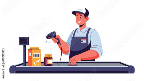 Efficiency at the Checkout: A dedicated employee diligently scans groceries, symbolizing efficiency and convenience in modern retail operations.