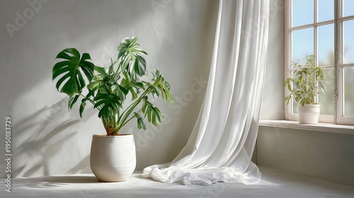 Clean minimalist shot of a sun-dappled white curtain flowing gently beside a peaceful indoor plant