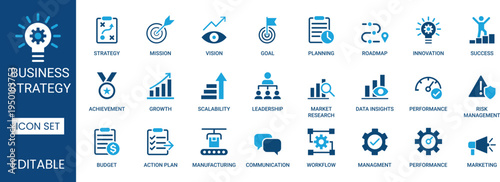 Business strategy Icon set with planning growth and success symbols