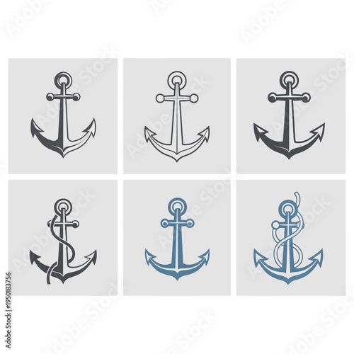 Set of six anchor icons, nautical symbols, vintage and modern designs