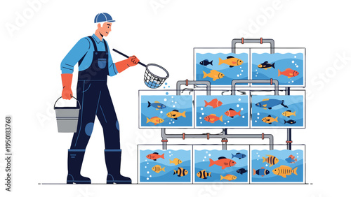 Aquatic Maintenance: A worker tends to several tanks, filled with vibrant fish, in an aquaculture setting. He performs essential maintenance activities, such as feeding, cleaning, or inspecting. 
