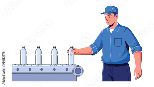 Worker and Bottle: A dedicated worker meticulously inspects bottles as they move along a production line in a modern bottling factory.