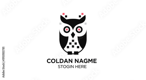Owl logo with red eyes and text.