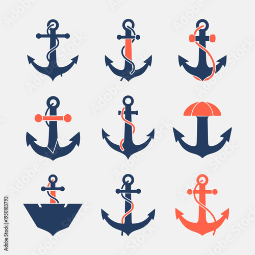 Set of nine nautical anchors icons, navy blue and coral, vector illustration