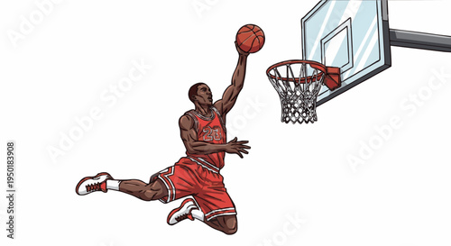 Basketball player performing a slam dunk on a court illustration