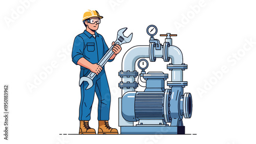 Mechanical Maestro: A skilled technician, clad in work attire, meticulously oversees complex machinery, holding a wrench in hand and ensuring seamless functionality.