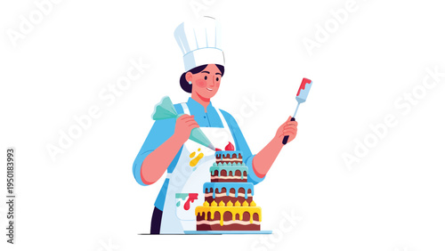 Artisan Baker Crafting a Masterpiece: An skilled artisan meticulously crafts a multi-tiered cake, expertly applying frosting with a pastry bag and spatula.