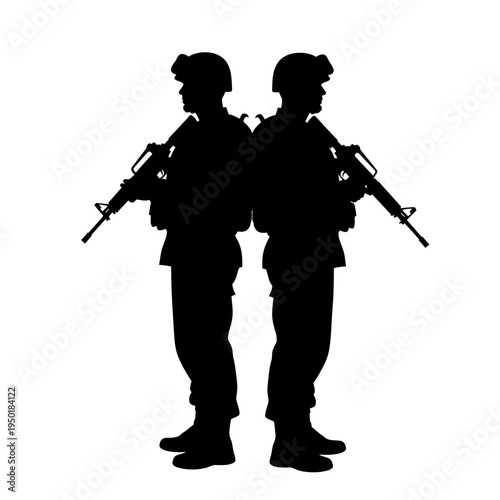 Two soldiers silhouettes back to back holding rifles, military concept, teamwork, protection