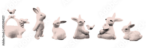 Easter bunny and bird collage elements set in retro halftone style. Vintage photocopy stipple effect rabbit sticker. Cut out of magazine scrapbook Easter bunny silhouettes collection. Vector