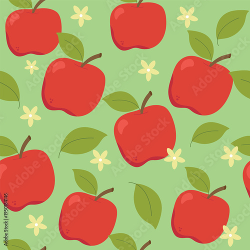 Seamless red apple pattern with leaves and flowers. Cute vector background.